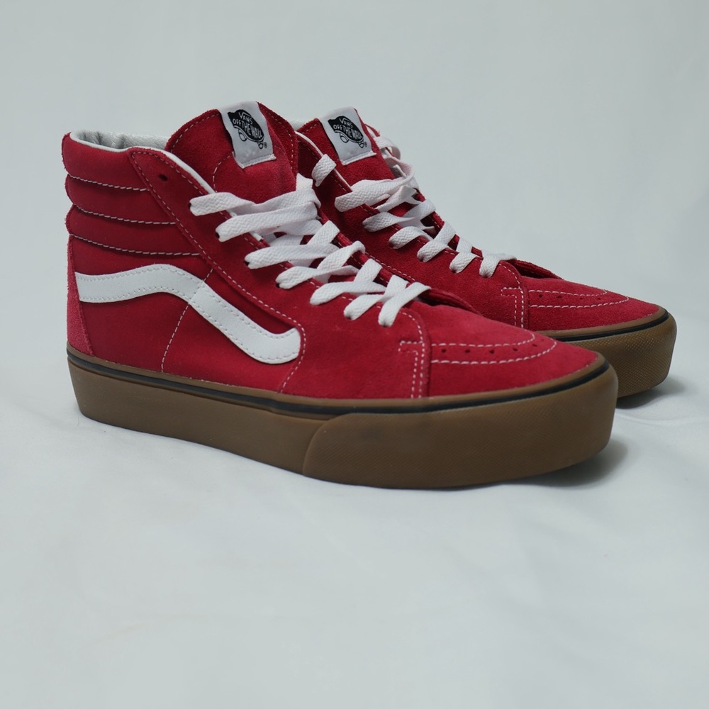 Vans Sk8-Hi High Top Skate Shoe Sneakers Red Size 8.5 Sidestripe Suede Canvas